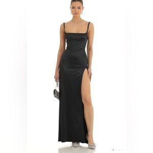 Lucy in the Sky Casandra Satin Rhinestone Maxi Dress in Black